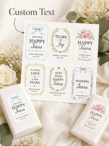 5/10/25pc Custom Wedding Tissue Labels Sticker, Personalized Happy Tears Stickers With Names And Date, Elegant Floral Bow Laurel And Gold Designs For Ceremony Favors, Bridal Shower Decor, Reception Welcome Table, Memorial Tears Of Joy Keepsake Labels - Multicolor - View 3