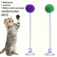 2pcs Set (1 Spring Cat Teaser + 1 Suction Cup Base) / 4pcs Set (2 Spring Cat Teasers + 2 Suction Cup Bases) Random Color - Interactive Cat Toy, Pet Toy, Cat Teaser With Plush Ball, Spring Rod And Suction Cup Base. Cat Puzzle Toy, Cat Energy-Consuming Toy, Attract Cats, Stimulate Hunting Instinct, Enhance Interaction, Exercise Reaction Ability, Pet Supplies, Cat Birthday Gift - Multicolor - View 8