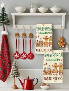 2pcs Christmas Gingerbread Sugar And Spice Print Kitchen Towels, Baking Company Cookie Design Dish Cloths, Suitable For Kitchen Cleaning & Christmas Decor - White - View 5