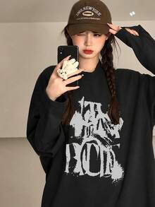 Women's Fashion Autumn/Winter Loose Minimalist Versatile Letter & Cartoon Print Long Sleeve T-Shirt Casual - Black - View 2