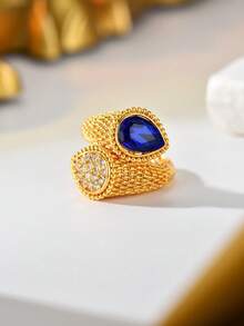 1pc Vintage Woven Pattern Copper Material Inlaid Colorful Teardrop Zirconia Open Ring, Women's Evening, Wedding, Party, Holiday Gift Accessory - Multicolor - View 9