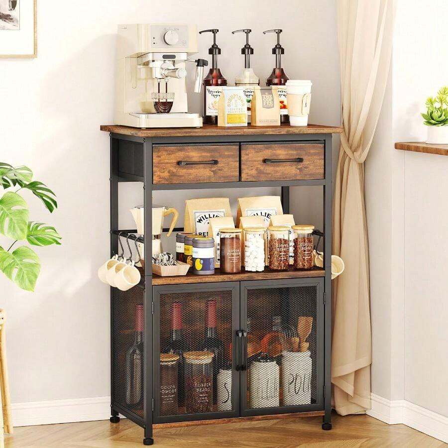 Coffee Bar Cabinet With Drawer - Coffee Stand Station With Removable Hooks, Buffet Cabinet Coffee Maker Or Microwave, Kitchen Bar Table Storage Organizer (Espresso, 20.47" X 13.78"X31. 3") - Espresso - View 1