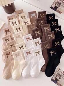 12/6 Pairs Random Leopard Print Bow Mid-Calf Socks, Elastic Socks, Brown Tone, Neutral Color, Girls Halloween Back To School Autumn Socks - Multicolor - View 5