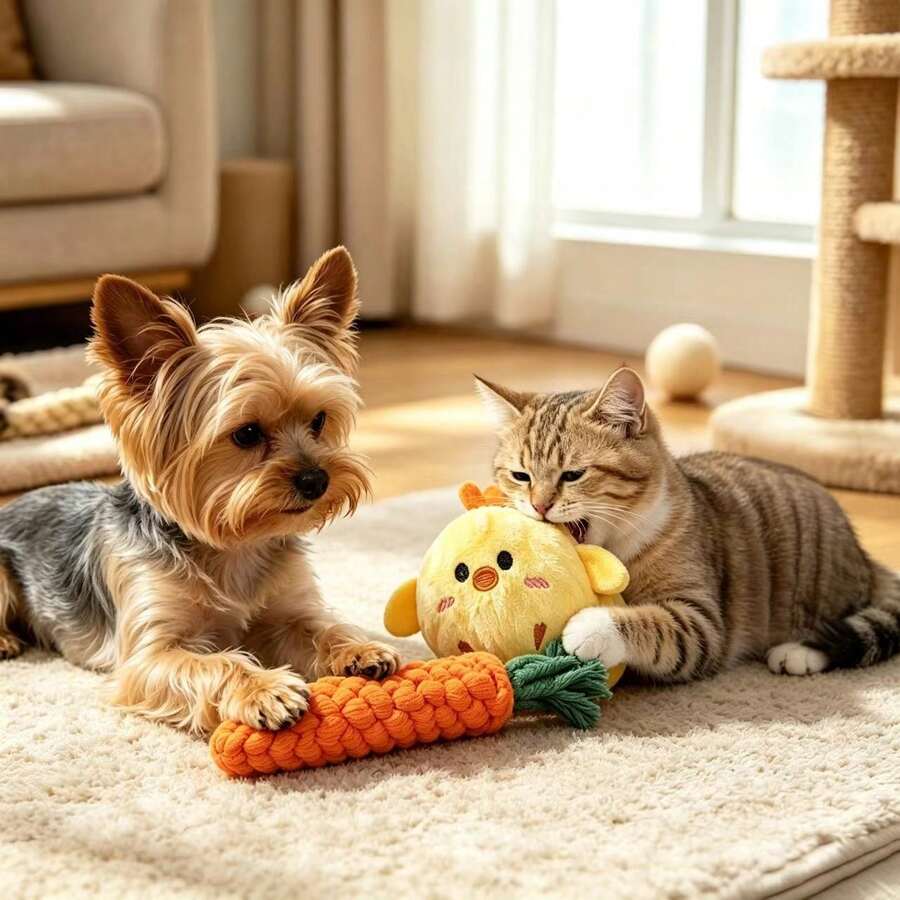 2pcs/Set Screaming Chicken Plush Doll And Braided Carrot Rope Chew Doll, Interactive Teething Doll For Small Dogs And Cats, Durable Puppy Kitten Doll, Relieve Anxiety, Suitable For Indoor Daily Entertainment - Multicolor - View 1