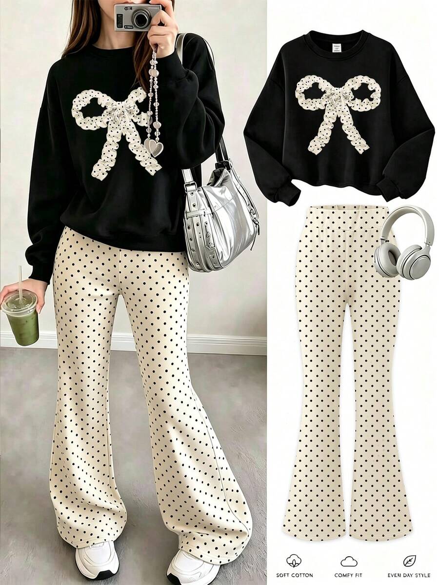 Tween Girls 2 Pieces Outfit, Polka Dot Bow Graphic Crewneck Sweatshirt & Polka Dot Flare Pants Set, Girls Casual Tracksuit - Multicolor - View 1