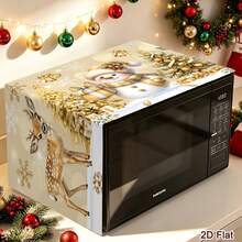 1pc 2D Flat Christmas Microwave Cover, White & Gold Snowman, Reindeer, Christmas Tree Pattern, Polyester Material Home Kitchen Microwave Dust Cover, Perfect For Holiday Kitchen Decor And Appliance Protection, Winter Home - Multicolor - View 6