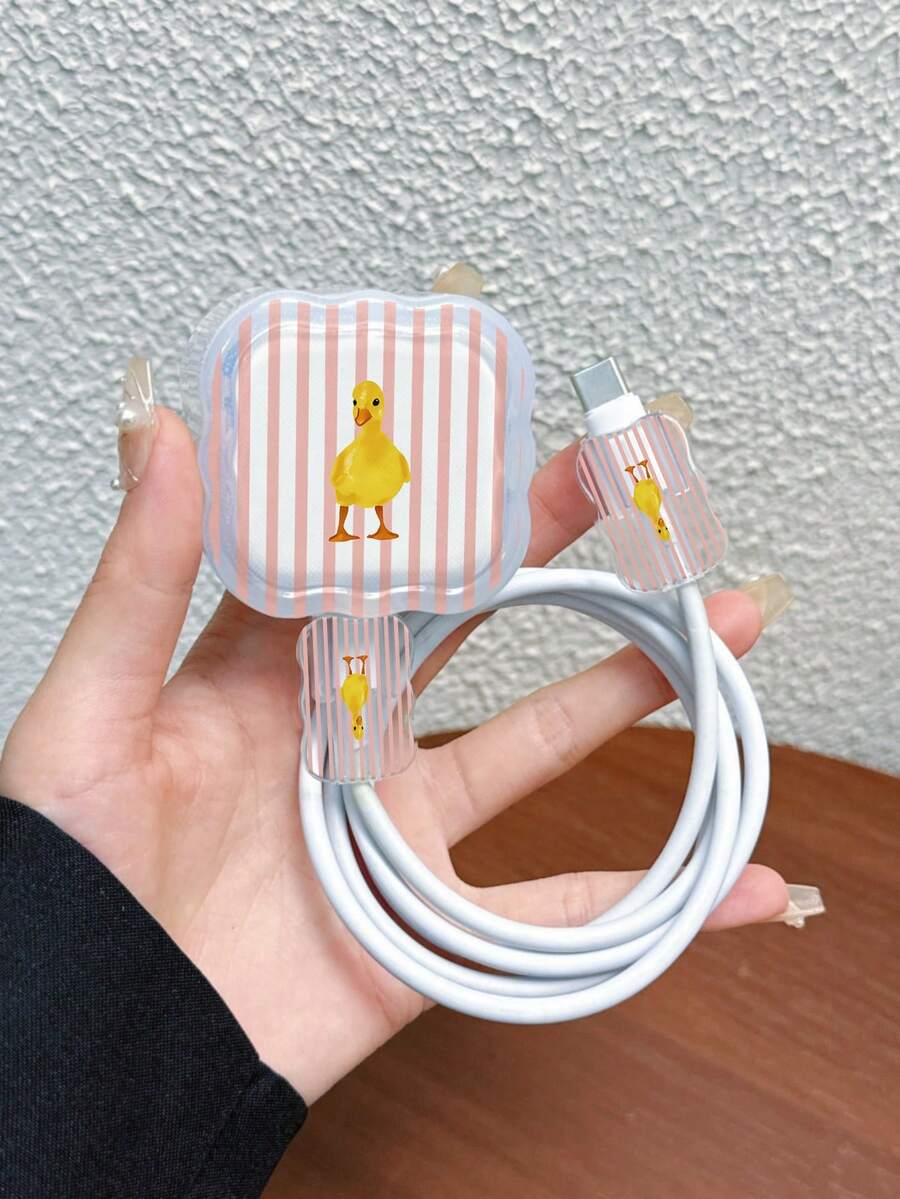 3件組波浪圖案充電線保護套,UV彩繪鴨子與條紋組合設計,適用於英國標準20W Apple充電器保護殼,透明防碎殼,保護手機,三相充電器,充電配件,線材保護套 - 彩色 - 查看 1