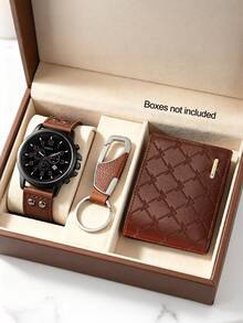 3/5PCS Men's Business Casual Watch Gift Set, Calendar Watch + Keychain + Pen + Brown Glasses + Embossed Wallet, Perfect Gift For Daily Wear And Gifting - Mouldless - View 13