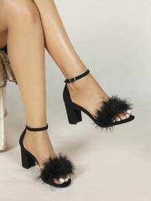 Sandalias de tacón alto con peluche para fiestas y bailes, para atuendos de primavera y verano - Negro - Ver 1