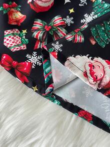 Young Girls Christmas Girls' Holiday Style Contrast Color Ruffle 2 In 1 Pinafore Dress, Autumn/Winter Long Sleeve Cute Bow Decor Round Neck Christmas Tree Santa Claus Gift Box Bow Candy Cane Bell Print A-Line Dress - Dark Green - View 11