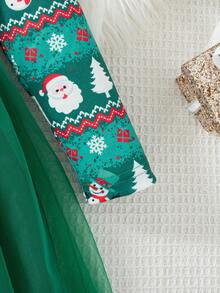 Young Girls Christmas Long Sleeve Dress, Green Mesh Tutu Dress With All-Over Print, Green Base With Ruffle Hem And Flutter Sleeves, Ribbon Bow, Santa Claus, Snowman, Christmas Tree, Snowflake, Holiday Party, Sweet Princess Style, Fashionable, Casual, Autumn/Winter, Daily Wear - Green - View 6