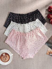 3pcs Ditsy Floral Ribbed Knit Wavy Edge Mid-Waist Panties, Cute Soft Breathable Women's Hipster Underwear Set - Multicolor - View 2