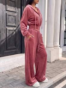 Fashionable Women's Velvet Hooded Short Jacket & Elastic Waist Wide Leg Pants Set, Casual Autumn Outfit Choice, With Pocket Design - Pink - View 5