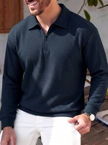 Solid Color Waffle Knit Half-Zip Polo Shirt Men's Textured Casual Long Sleeve Top - Navy Blue - View 1