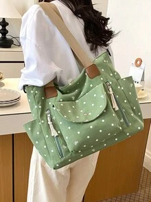 New Korean Style Gentle Polka Dot Bow Decor Large Capacity Multi-Pocket Shoulder Bag, Retro Sweet Lazy Casual Versatile Colorblock Detachable Long Strap Tote Bag, Suitable For Students, Classroom, Commuting, Work, Daily, Shopping, Vacation, Travel - Multicolor - View 8