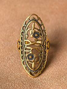 1pc Vintage Hollow Carved Gold-Tone Long Ring, 4 Color Options - Ancient Bronze - View 11