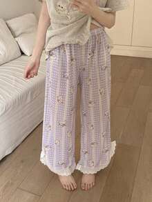 2pcs/Set Women's Pajamas Loungewear Set, Cute Animal Print Pullover Round Neck Short Sleeve Cropped Pants Lace Patchwork Comfortable For Home Wear - Light Grey - View 5