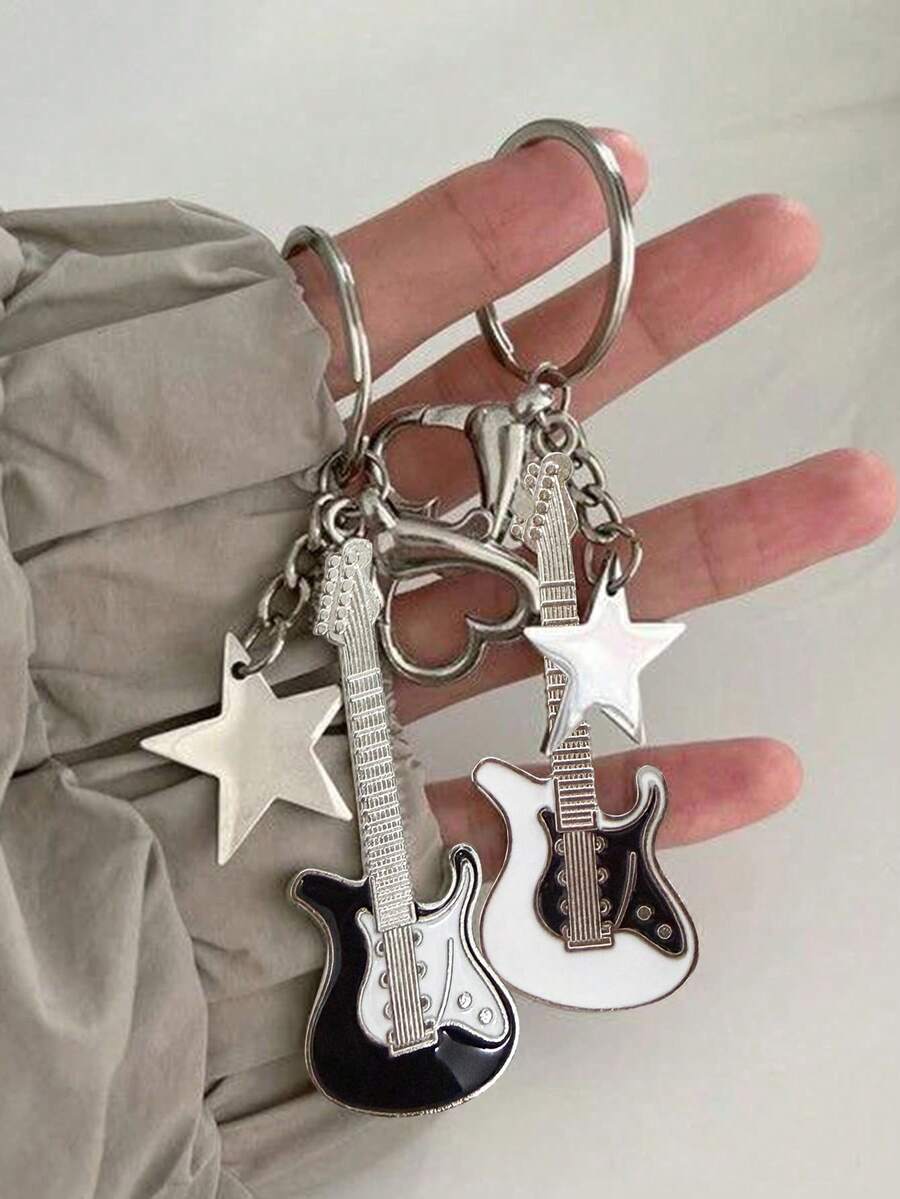 2pcs Y2K Guitar, Star, Heart Punk Retro Cute Keychains Gifts For Mother, Father, Graduation, And Teacher - Guitar Microphone - View 1