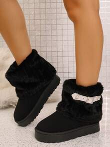 Women's Solid Color Plush Fur Trim Snow Boots, White Pearl Decor Buckle Strap Thick Sole Ankle Boots - Black - View 3