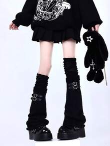 1 Pair Y2K Subculture Style Black Flared High-Top Slouch Leg Warmers, Slimming Leg Covers - Black - View 2