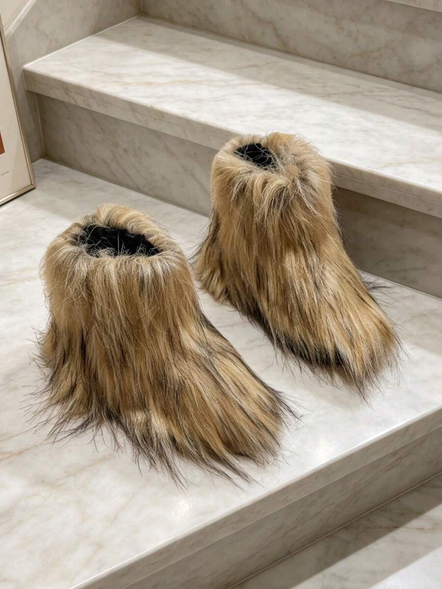 1 Pair Fashionable Children's Personalized Long Fur Plush Ankle Boots, Color-Block Fluffy Fur Ankle Boots, Suitable For Outings, Street Style, Holiday Parties, Autumn/Winter - Brown - View 1