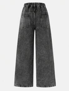 Youth Girl Pocket Loose Wide Leg Casual Multi-Function Jeans - Black - View 3