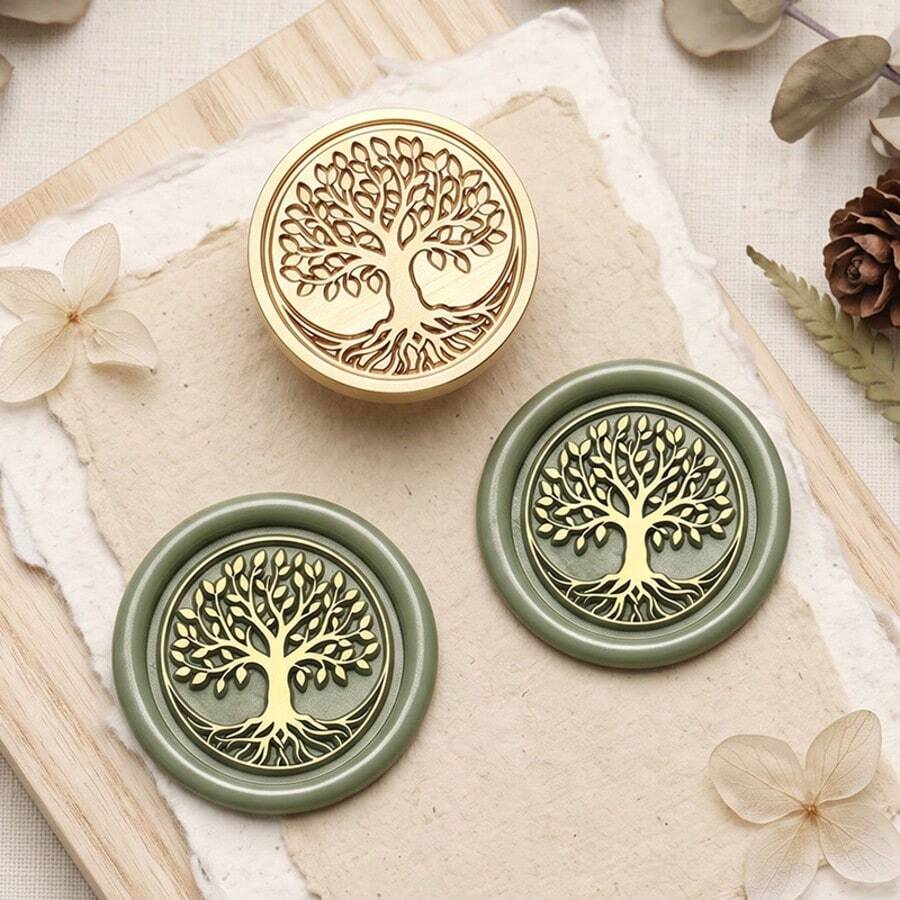 1 Set Tree Of Life Pattern Wax Seal Stamp With Wooden Handle + 2.5cm Stamp Head, Suitable For Wedding And Personalized Gifts, Envelope Sealing, Gift Packaging, Personalized Wax Seal For Invitations - Stamp + Handle - View 1
