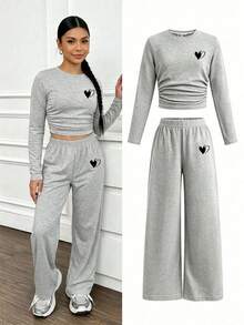 Youth Girl Cartoon Print Crew Neck Long Sleeve Slim Fit Cropped Top And Pants - Grey - View 1