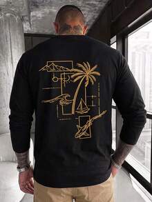 New Men's Casual Relaxed Everyday Versatile Palm Tree Creative Round Neck Long Sleeve T-Shirt - Black - View 4