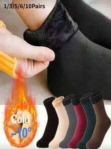 1/3/5/6/10 Pairs Solid Color Thermal Lined Socks, Simple Warm Neutral Snow Socks, Suitable For Autumn/Winter, Women's Long Socks - Multicolor - View 11
