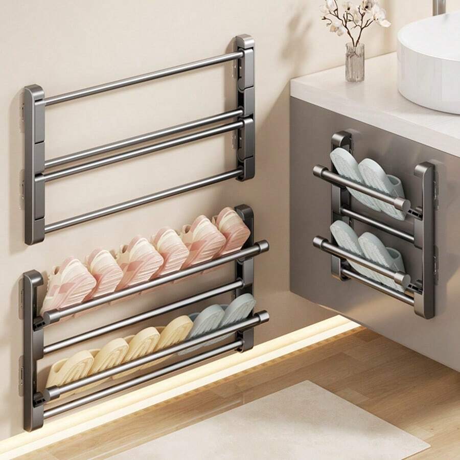 1pc Wall-Mounted Folding Slippers Storage Rack, No Drilling Required, Rust-Proof Aluminum Alloy Material, Can Be Attached To Wall Or Cabinet Door Interior, Hanging Drainage To Prevent Slippers From Mold, Easy Storage For Multiple Pairs Of Slippers In Small Bathroom - Multicolor - View 1