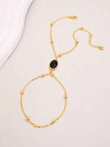 1pc Vintage Oval Black Small Gold Bead Linked Finger Back Chain Bracelet For Women, Daily Commute, Evening Party, Gift - One Size - View 4