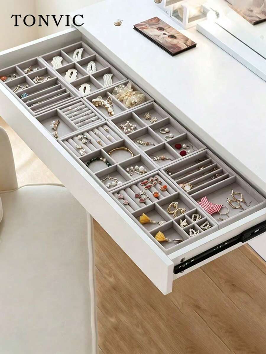 TONVIC 1PC/4PCS/6PCS Drawer Jewelry Organizer Divider Velvet Jewelry Display Tray Exquisite Jewelry Rack Portable Ring Earring Necklace Storage Tray - Shape - View 1