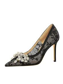 European & American Style Sexy Party High Heel Pumps For Women, Lace Mesh Rhinestone Bow Pointed Toe Low Vamp Shoes - Black - View 9