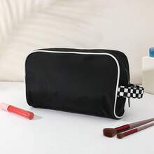 1pcs Women's Black Contrast Piping Makeup Bag With Checkerboard Handle, Large Capacity Cosmetic Organizer - View 7