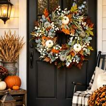 1pc Artificial Autumn Front Door Wreath, Rustic Farmhouse Style Autumn Harvest Wreath With White Pumpkin, Maple Leaves, Lamb's Ear And White Berries, Suitable For Front Door, Wall, Window, Porch Seasonal Autumn Decor And Thanksgiving Home Decoration - A - View 6