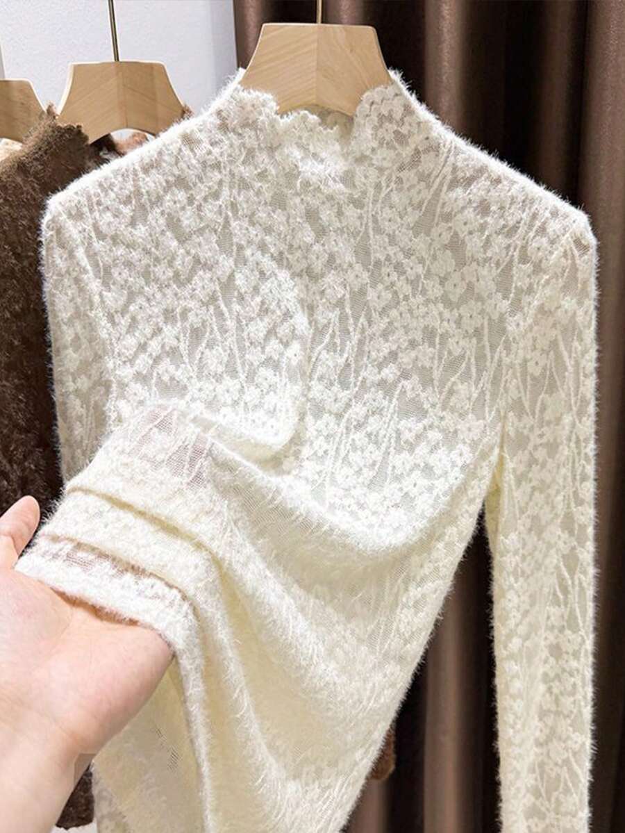 French Gentle Lady Style Brushed Butterfly Lace Undershirt Women Autumn/Winter Inner Layer Wavy Hem Semi-High Neck Top - Apricot - View 1