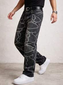 Men's Crocodile Patterned Comfortable Baggy Pants - Black - View 1