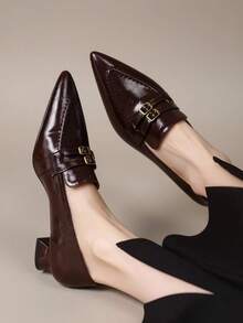 2026 Spring/Summer New Women's Pointed Toe Kitten Heel Mule Sandals, Low Heel Commuter Comfortable Shoes - Brown - View 4