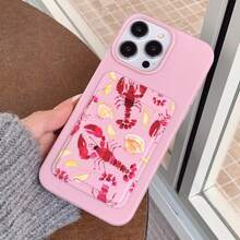 Plain Pink Lychee Texture Shell Crayfish Card Holder Phone Case, Self-Adhesive Card Slot Compatible With IPhone 13, 15 Pro Max - Multicolor - View 3