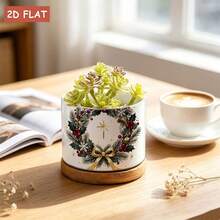 Christmas Wreath Ceramic Flower Pot With Holly Leaves, Red Berries, Gold Bow And Snowflake Decor, 3.62X3.62X2.68 Inch Decorative Flower Pot, Perfect For Desktop Display And Holiday Home Decor Gardening Gift - A - View 7