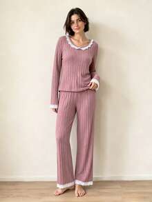 Autumn New Ribbed Long Sleeve Top + Long Pants Loungewear Set, Casual Comfortable 2 Pieces Pajama Set - Pink - View 1