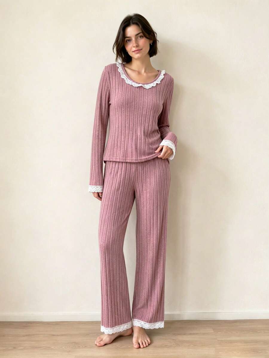 Autumn New Ribbed Long Sleeve Top + Long Pants Loungewear Set, Casual Comfortable 2 Pieces Pajama Set - Pink - View 1
