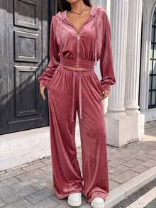 Fashionable Women's Velvet Hooded Short Jacket & Elastic Waist Wide Leg Pants Set, Casual Autumn Outfit Choice, With Pocket Design - Pink - View 2