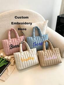 個性化絎縫托特包，客製化刺繡姓名，純色休閒伴娘禮物，婚禮歡迎禮，度假包 - 彩色 - 查看 1