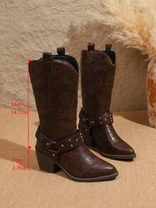 Women's Pointed Toe Western Cowboy Mid-Calf Boots, Silver Studs Decoration, Split Shaft With Pull Tab, Vintage Distressed Chunky High Heel Mid-Calf Boots, Suitable For Commuting, Gatherings, Parties And Other Occasions - Brown - View 3