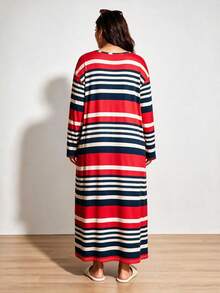 Women's Striped Print Long Nightgown, Plus Size Comfortable Long Sleeve Sleep Dress, Suitable For Autumn/Winter - Multicolor - View 2