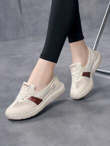 Plus Size Women's Summer Walking Shoes, Colorblock Hollow Mesh Breathable Soft Sole Non-Slip Work Shoes, Slip-On 2-In-1 Casual Shoes - Beige - View 8