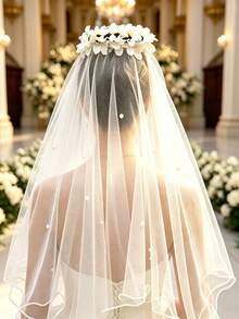 1pc Women's White Bridal Veil Pearl Flower Wedding Hair Comb Headpiece, Suitable For Daily Wear - White - View 1