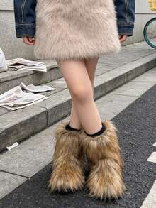 1 Pair Fashionable Children's Personalized Long Fur Plush Ankle Boots, Color-Block Fluffy Fur Ankle Boots, Suitable For Outings, Street Style, Holiday Parties, Autumn/Winter - Brown - View 7